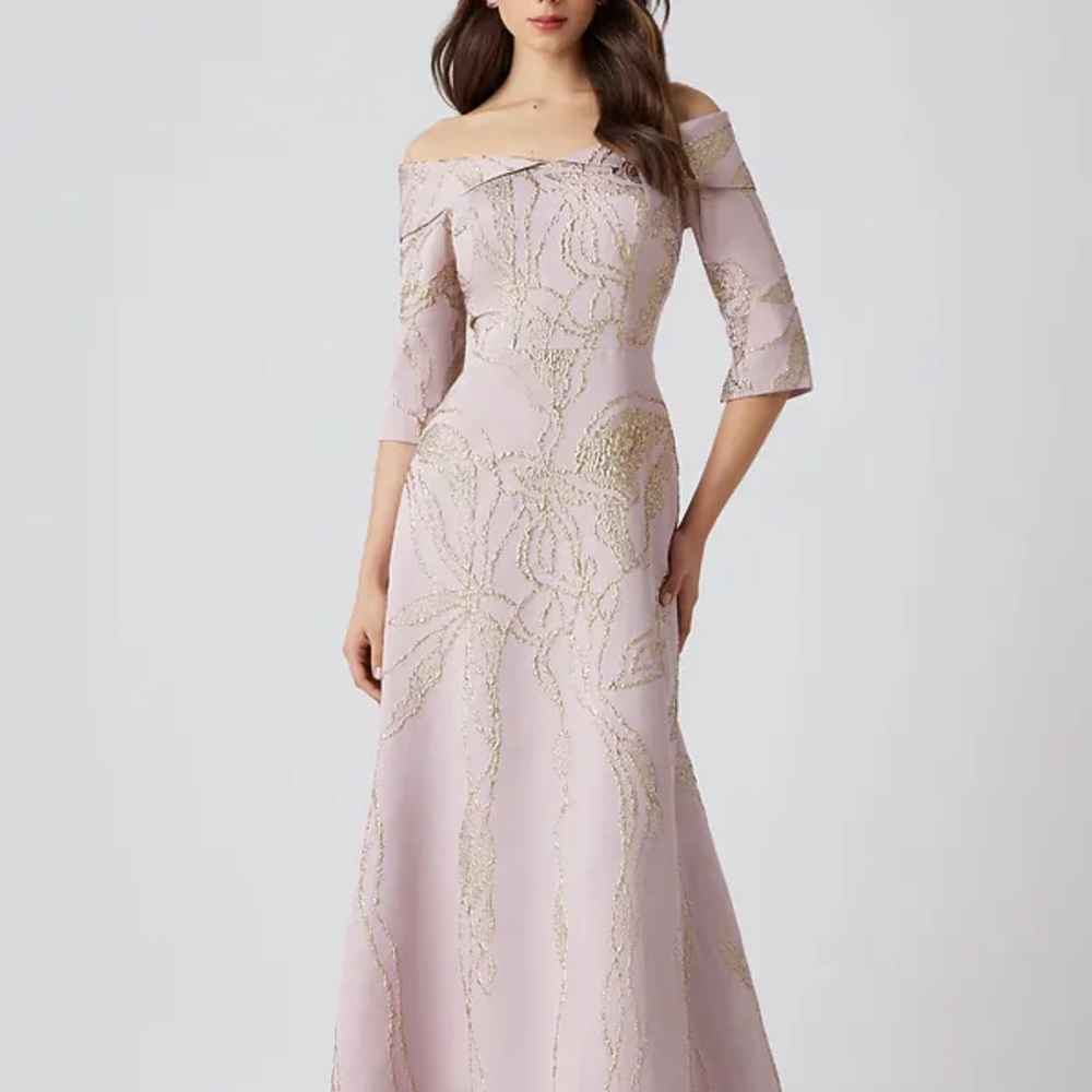Teri Jon Jacquard Folded Off-the-Shoulder Elbow Sleeve Gown